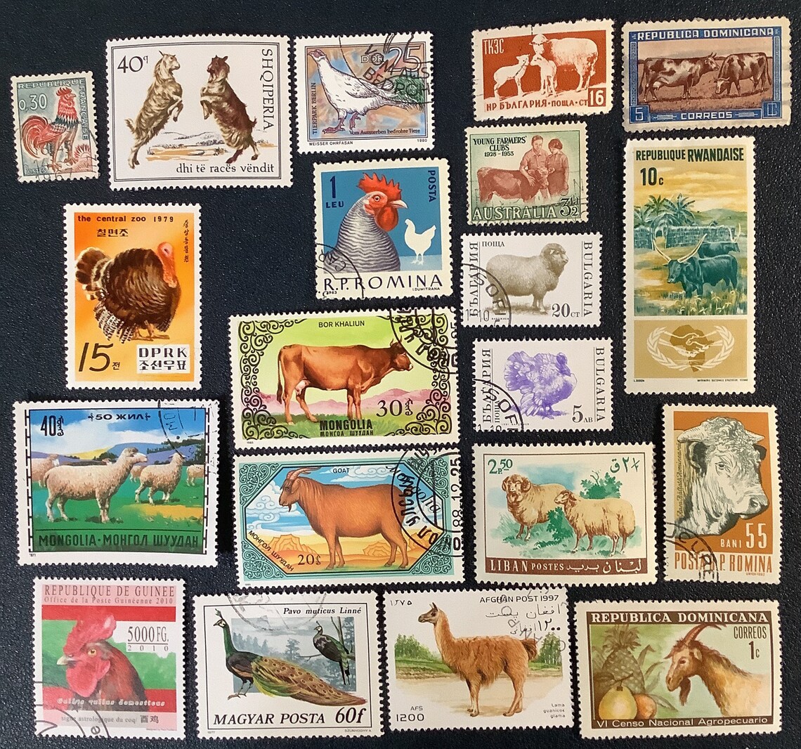 20 FARM ANIMALS Vintage Postage Stamps Chickens sheep goats Etsy