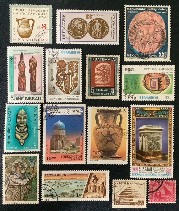 15 ANCIENT RUINS World Artifacts Vintage Postage Stamps crafts collage  cards ephemera altered art philately journals 5f
