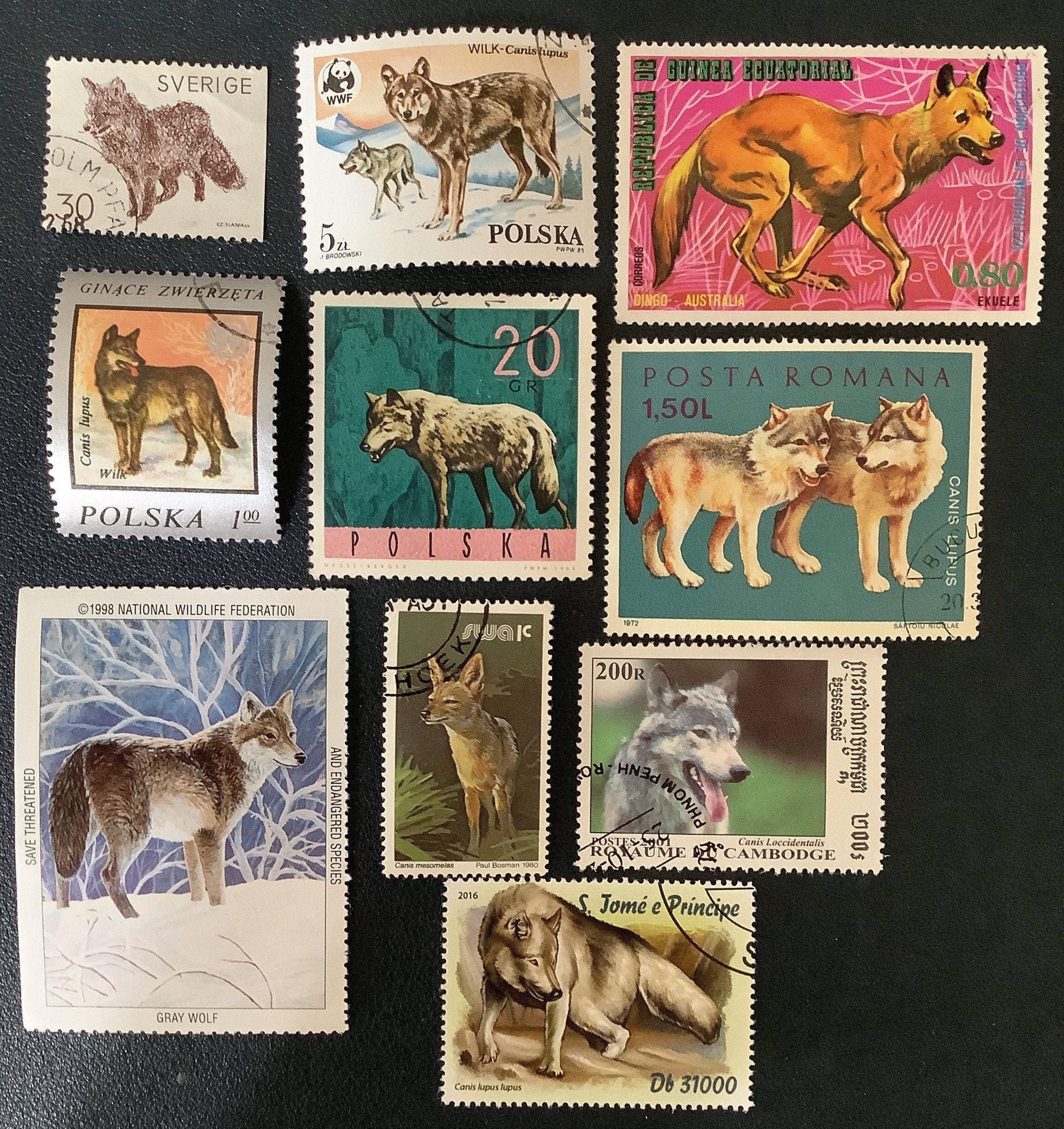 9 Coyotes Wolves Vintage Postage Stamps for Crafting Collage