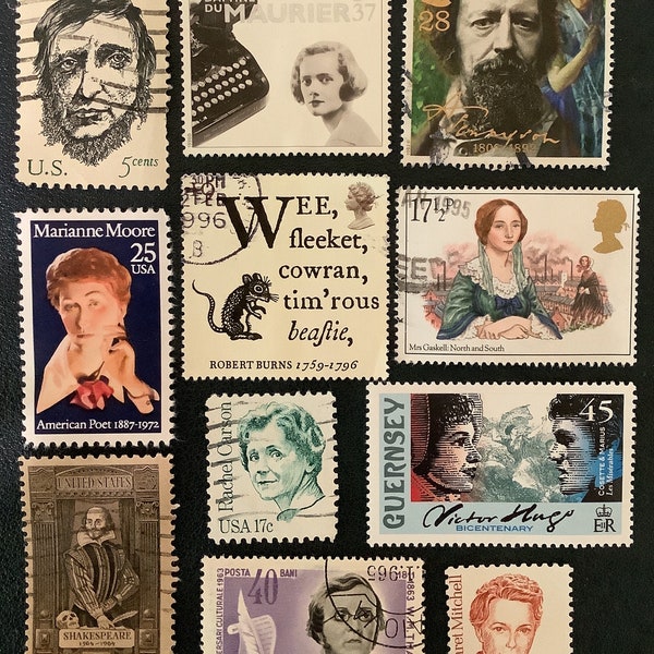 10 WRITERS AUTHORS Books Poets Vintage Postage Stamps collage journals Hugo Thackery Tennyson Shakespeare 27c
