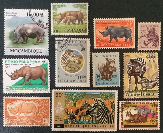 11 RHINOS ZEBRAS Postage Stamps for crafting collage altered art jewelry  scrapbooks commemoratives stamp collecting animal stamps 60e