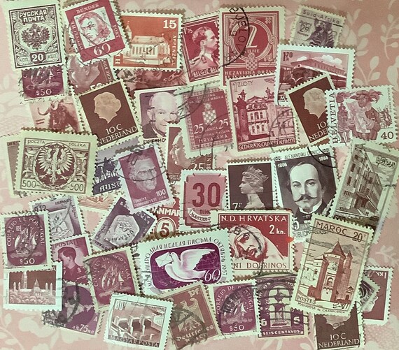 50 MAROON DARK RED Used World Postage Stamps for Crafting Collage