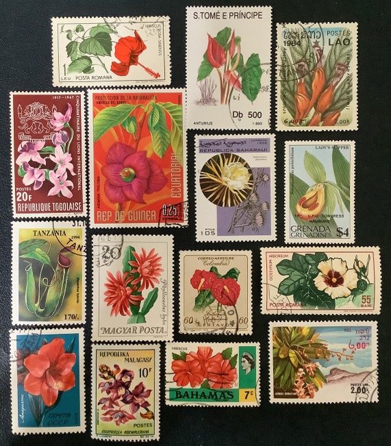 15 TROPICAL FLOWERS Vintage Postage Stamps for Crafting Collage