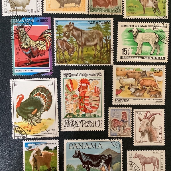 15 FARM ANIMALS Vintage Postage Stamps goats sheep cows chickens crafts collage altered art journals philately animal stamps 47d