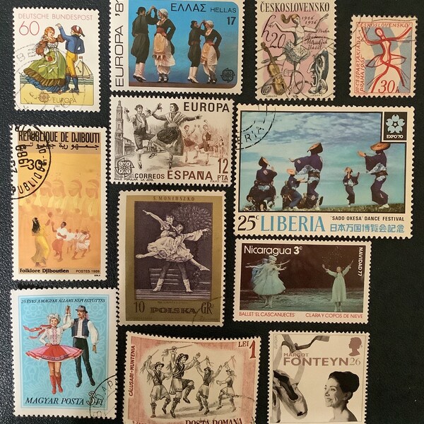 12 DANCE Dancing Vintage Postage Stamps ballet square dancing crafts collage, cards, scrapbooks journals stamp collecting philately 49h