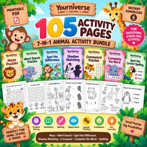 May include: A 105-page animal activity bundle featuring printable PDF worksheets including maze puzzles, word searches, spot the difference, shadow matching, crossword puzzles, complete the word, and spelling exercises with colorful animal illustrations.