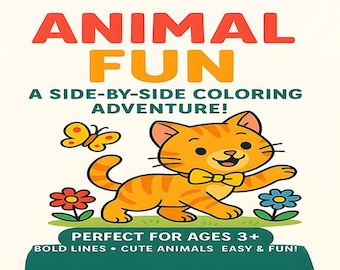 Puede incluir: Una portada de libro para colorear con el título "ANIMAL FUN" en letras rojas y naranjas. La portada presenta un gato naranja de dibujos animados con una pajarita y el texto "A SIDE-BY-SIDE COLORING ADVENTURE!"  La portada también incluye el texto "PERFECT FOR AGES 3+ BOLD LINES CUTE ANIMALS EASY & FUN!"
