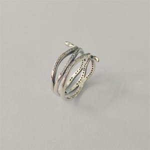 Könnte beinhalten: Ein silberfarbener Ring mit Schlangenmuster. Der Ring hat drei ineinander verschlungene Bänder, von denen eines mit kleinen, klaren Steinen besetzt ist. Der Ring hat ein geschwungenes, offenes Design und ein Schlangenkopfdetail.