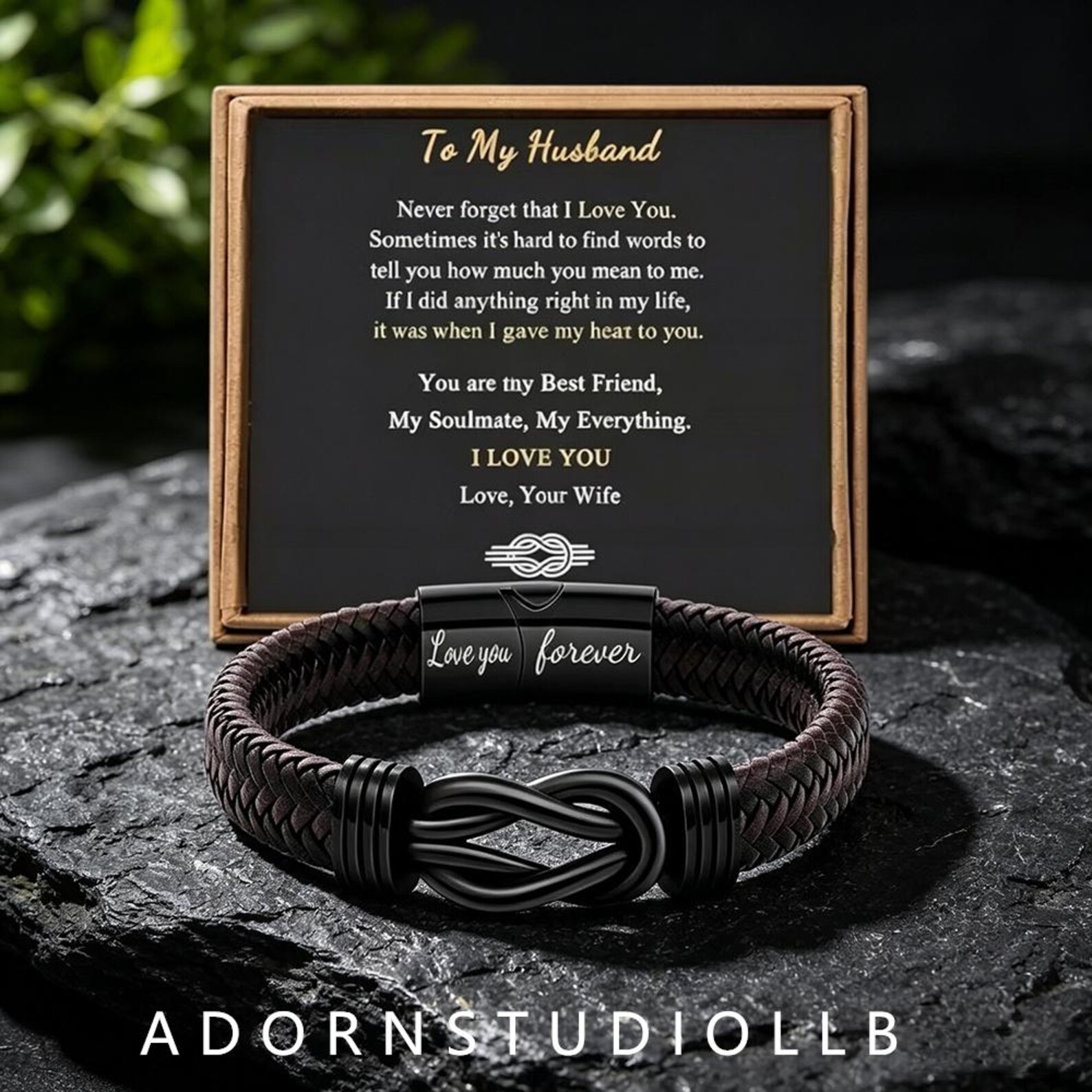 To My Husband Custom Engraved Bracelet Black Braided Leather Magnetic Knot Mens Gift