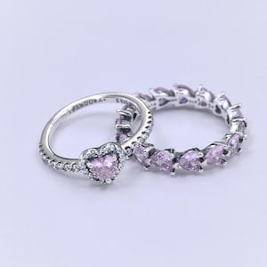 Parure de bagues coeur à coeur rose ale en argent 925 pandora
