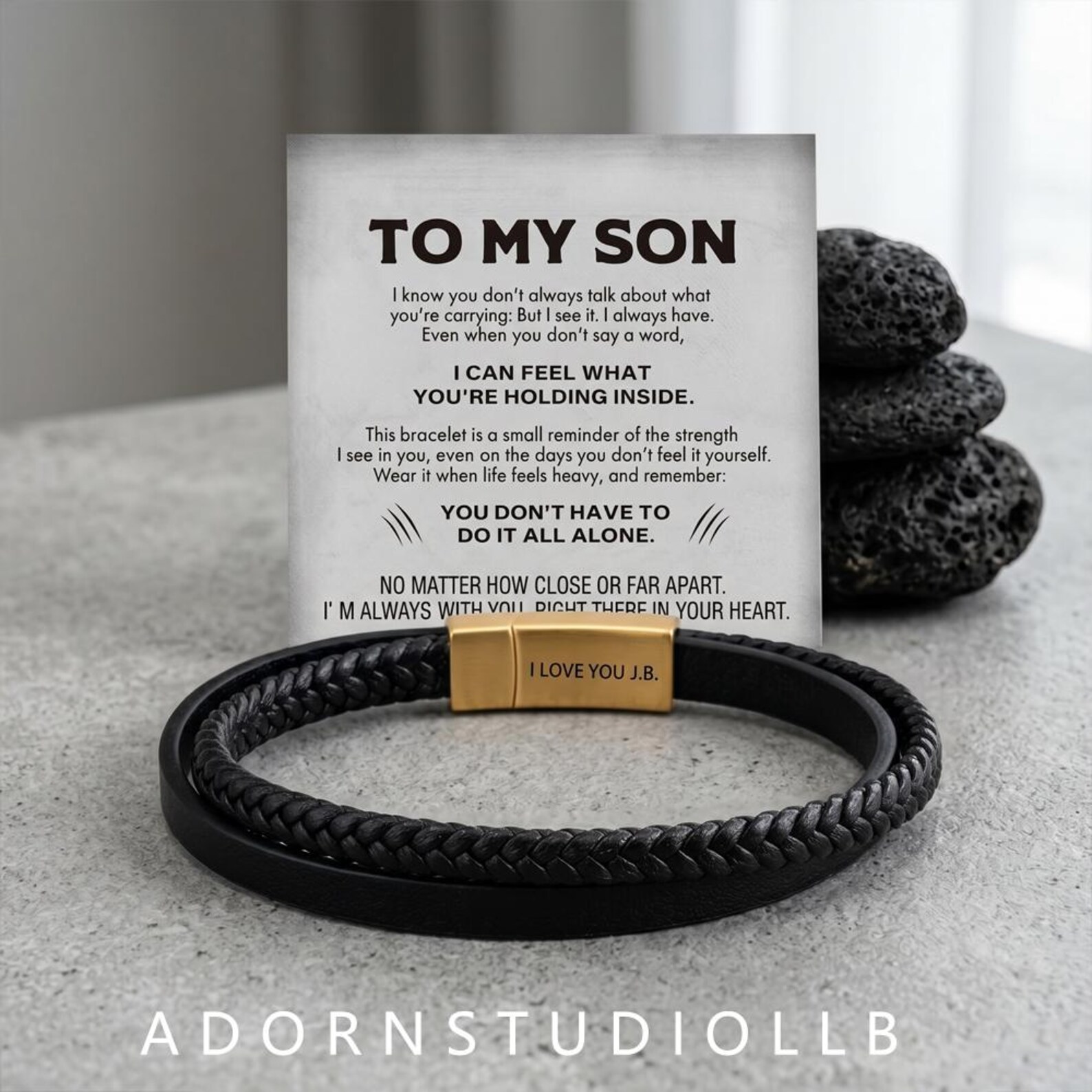 To My Son Personalized Magnetic Leather Bracelet, Custom Engraved Gold Clasp Bracelet for Men