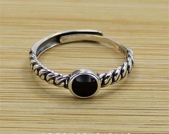 S925 Sterling Silver Black Stone Ring - Adjustable Gothic Ring, Alternative Fashion Jewelry, Unique Anniversary Gift for Him Her