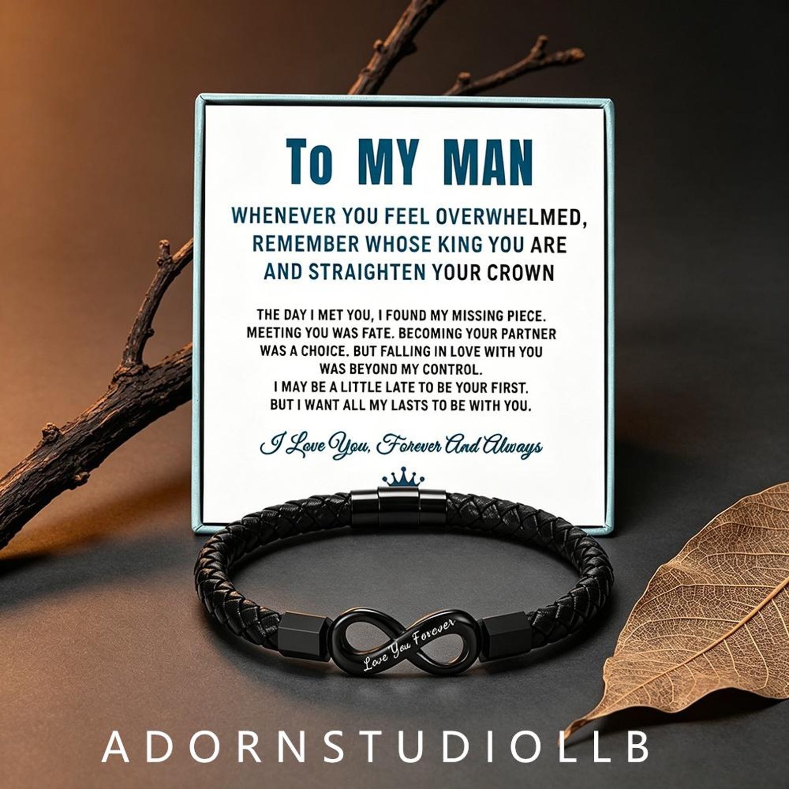 To My Man Custom Engraved Bracelet Black Leather Braided Magnetic Infinity Mens Gift