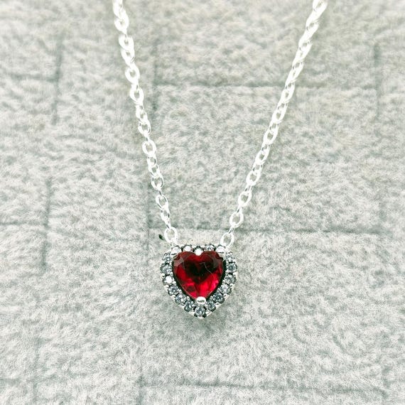 PANDORA red charm×silver chain necklace Engravable January Red Stone Heart Charm | Sterling silver