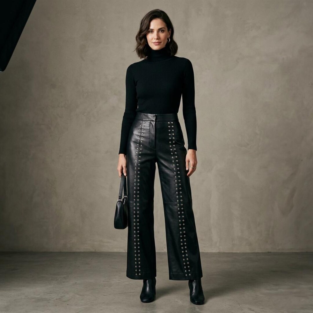 Black Leather Wide Leg Pants, High Waisted Studded Trousers, Punk ...