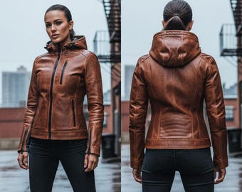 Giacca da motociclista slim fit in vera pelle marrone da donna con cappuccio
