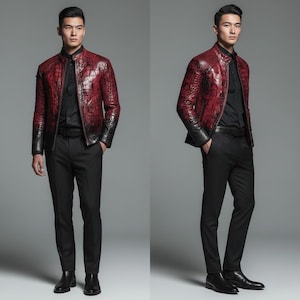 May include: A red and black leather jacket with a textured pattern, paired with a black shirt, black pants, and black shoes. The jacket has a stand-up collar and a zipper closure. The sleeves transition from red to black.