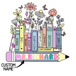 Personalized Floral Books Teacher Name Sticker, Colorful Vinyl Laptop Sticker, Personalized Teacher Gifts, Stickers For Water Bottle