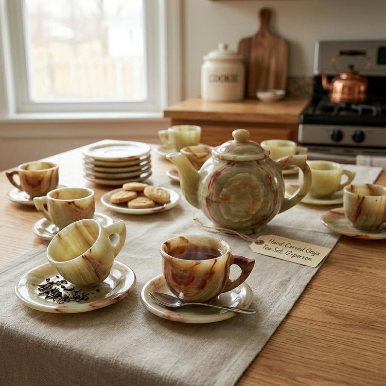 Green Onyx Tea Set, Handmade Stone Coffee Cups and Saucers, Luxury ...