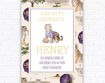 Louisiana Tiger Birthday Invitation, Southern Preppy Boy Party Invite (Digital Download)