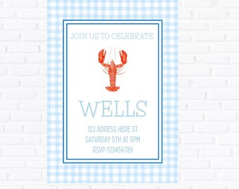 Crawfish Boil Invitation Template, Blue Gingham Southern Birthday Party (Digital Download)