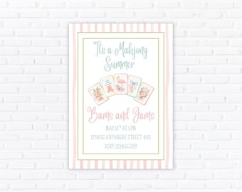 Editable Mahjong Summer Party Invitation, Pastel Watercolor Tiles, Bams and Jams (Digital Download)