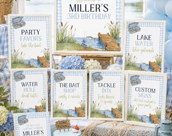 Gone Fishing Birthday Party Signs Bundle, Blue Gingham Decor (Digital Download)