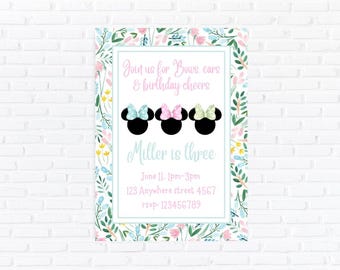 Pastel Floral Mouse Bow Birthday Invitation, Girls Party Invite (Digital Download)