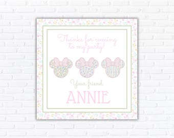 Pastel Floral Mouse Bow Birthday Favor Tag, Girls Party Invitation (Digital Download)