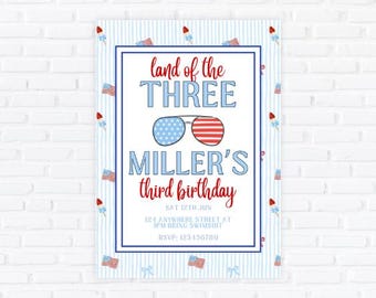 Patriotic Third Birthday Invitation, Editable Red White Blue All American Boy Party Template
