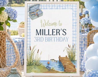 Gone Fishing Birthday Party Signs, Blue Gingham Welcome Decor (Digital Download)