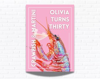 Crawfish Martini Invitation Template, Pink 30th Birthday, Bachelorette Party (Digital Download)