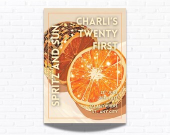 Spritz and Sun 21st Birthday Invitation, Aperol Disco Summer Party (Editable Template)