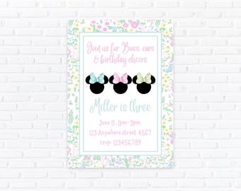 Pastel Floral Mouse Bow Birthday Invitation Template (Digital Invite)
