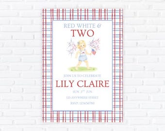 Red White and Two Birthday Invitation, Patriotic 2nd Birthday Invite (Digital Template)