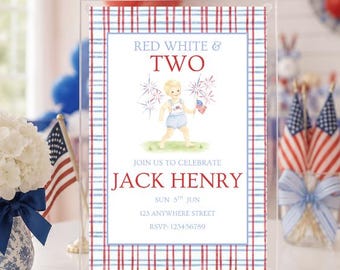 Red White and Two Birthday Invitation, Patriotic 2nd Birthday Invite (Digital Template)
