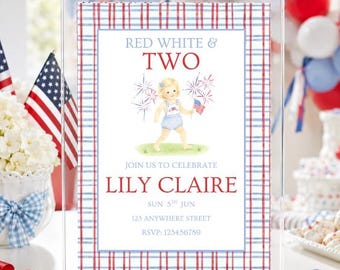 Red White and Two Birthday Invitation, Patriotic 2nd Birthday Invite (Digital Template)