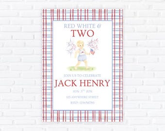 Red White and Two Birthday Invitation, Patriotic 2nd Birthday Invite (Digital Template)
