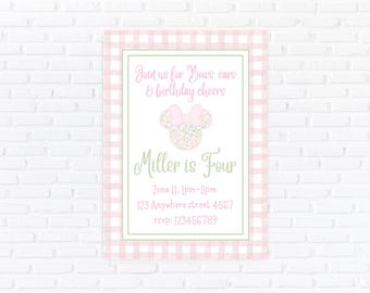 Pastel Floral Mouse Bow Birthday Invitation, Girls Party Invite (Digital Download)