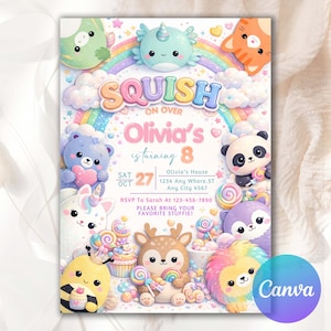 May include: A colorful birthday invitation with the text "SQUISH ON OVER Olivia's is turning 8". The design features cartoon animals, a rainbow, and various sweets. The date is October 27th.