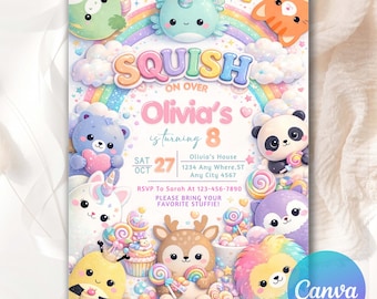 May include: A colorful birthday invitation with the text "SQUISH ON OVER Olivia's is turning 8". The design features cartoon animals, a rainbow, and various sweets. The date is October 27th.