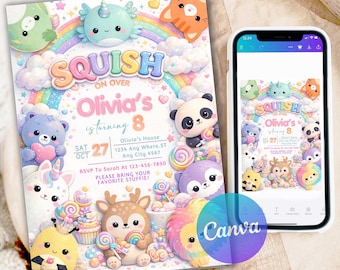 Squishmallow Birthday Invitation Template | Cute Pastel Kawaii Party Invite | Rainbow Animal Birthday | Girl Party Invite | Editable Canva