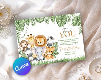Safari First Birthday Thank You Card Editable Canva Jungle Animal Boy Party Thank You Template Printable Digital Download Instant WO302
