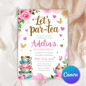 Pink Tea Party Birthday Invitation, Digital Pink and Gold Party Tea Invite Template, Whimsical Tea Party, High Tea Floral Invitation PGT051