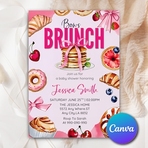 May include: A pink baby shower invitation with the text "Bows Brunch" and the name "Jessica Smith." The design includes illustrations of pancakes, croissants, donuts, cherries, and a bow. The Canva logo is in the bottom right corner.
