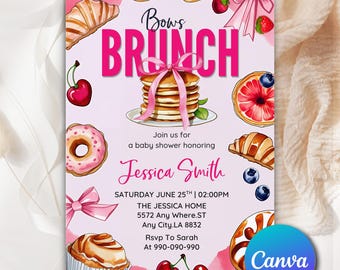 Bows & Brunch Baby Shower Invitation Girl Pink Bow Baby Brunch Theme Invitation Edtable Bows and Brunch Baby Shower Brunch Invitation BBB81