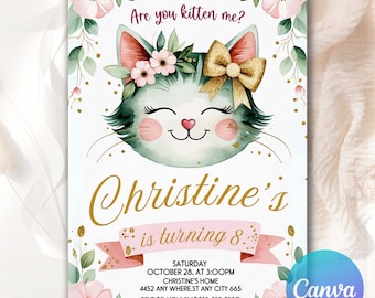 Kitty Cat Floral Birthday Invitation: Editable Canva Template (Digital File)