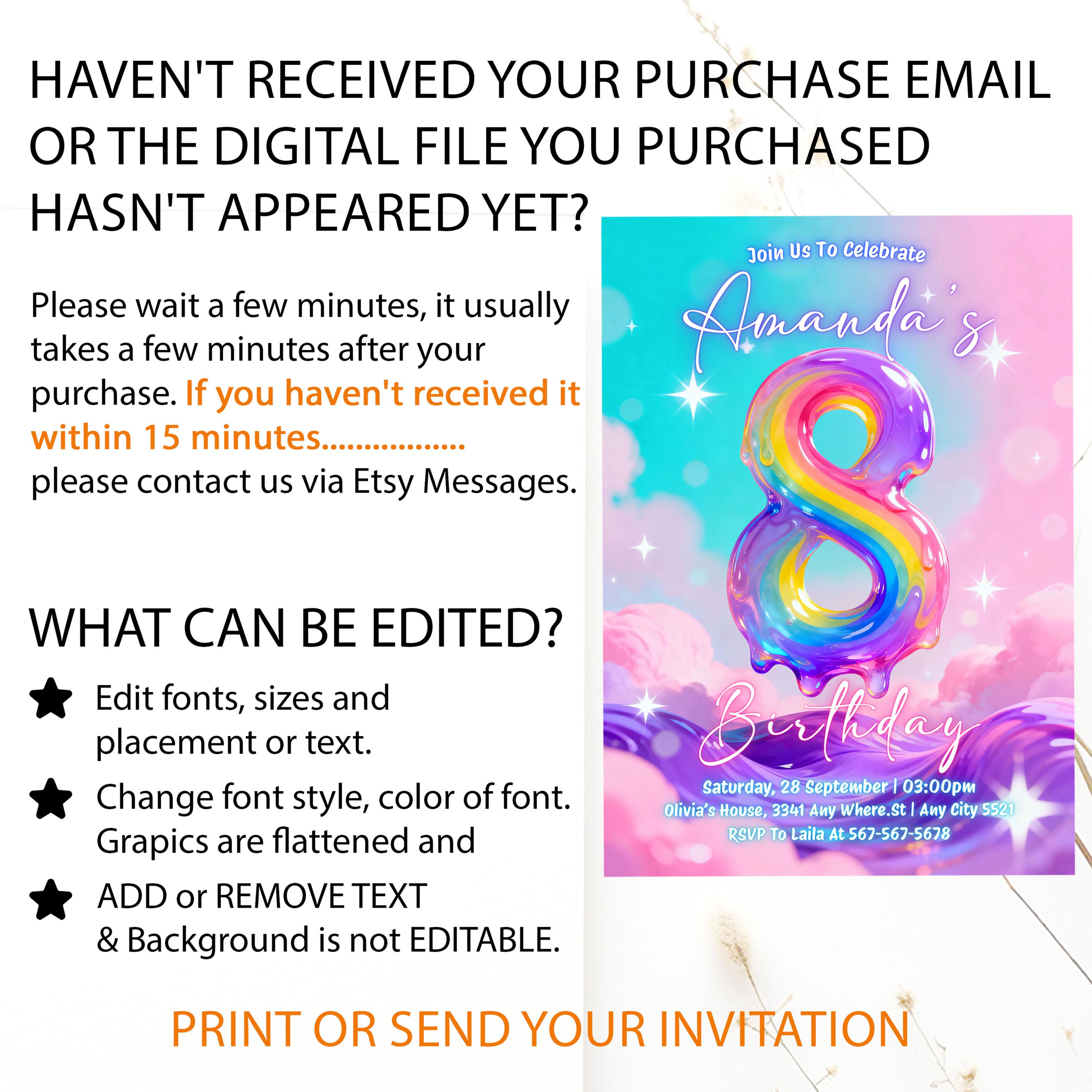 Melted Eight 8th Birthday Invitation | Eight Rainbow Birthday Invite | Pastel Dream ...