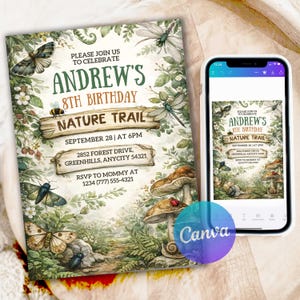 May include: An invitation for Andrew's 8th birthday, themed "Nature Trail." The design features illustrations of butterflies, dragonflies, and mushrooms. The invitation includes the date, time, location, and RSVP information.