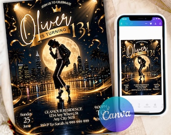 Michael Jackson Inspired Birthday Invitation Template, Pop Star Birthday Invite, Editable Canva Party Invitation, Digital Download PSB2